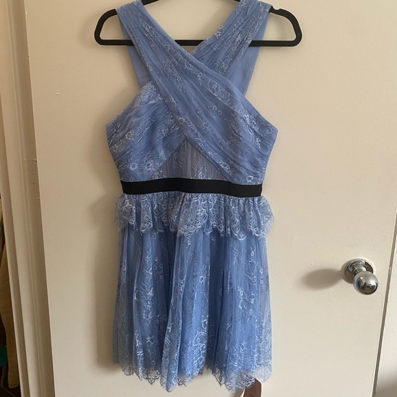 Self-Portrait Cross Front Fine Lace Blue Mini Dress - Picture 5 of 7